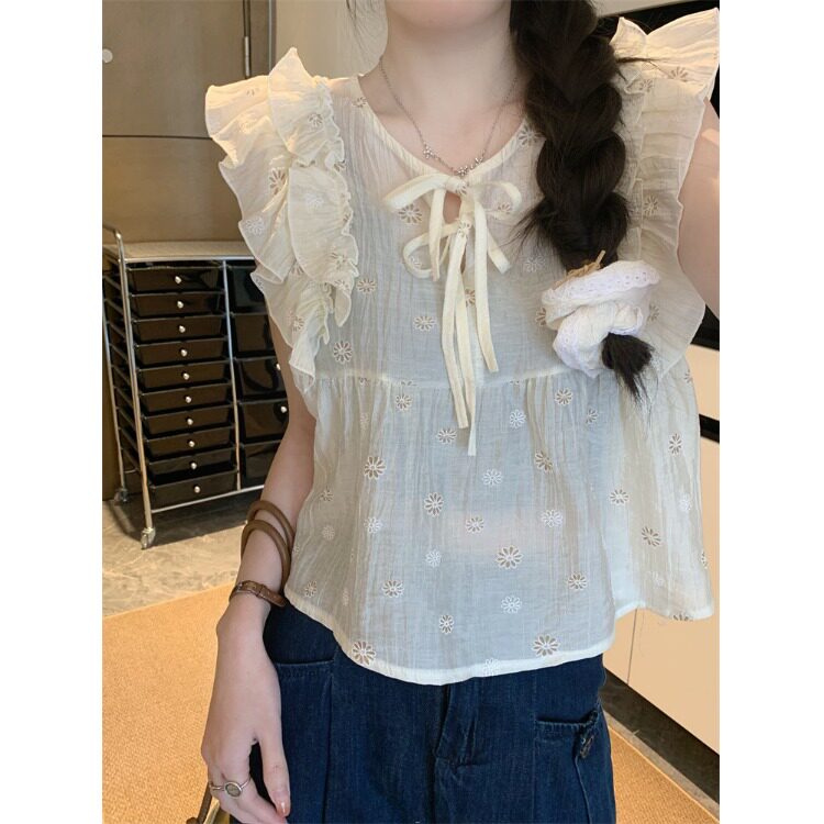 法式飞飞袖衬衫女夏款2025新款甜美设计感无袖别致娃娃衫超仙上衣
