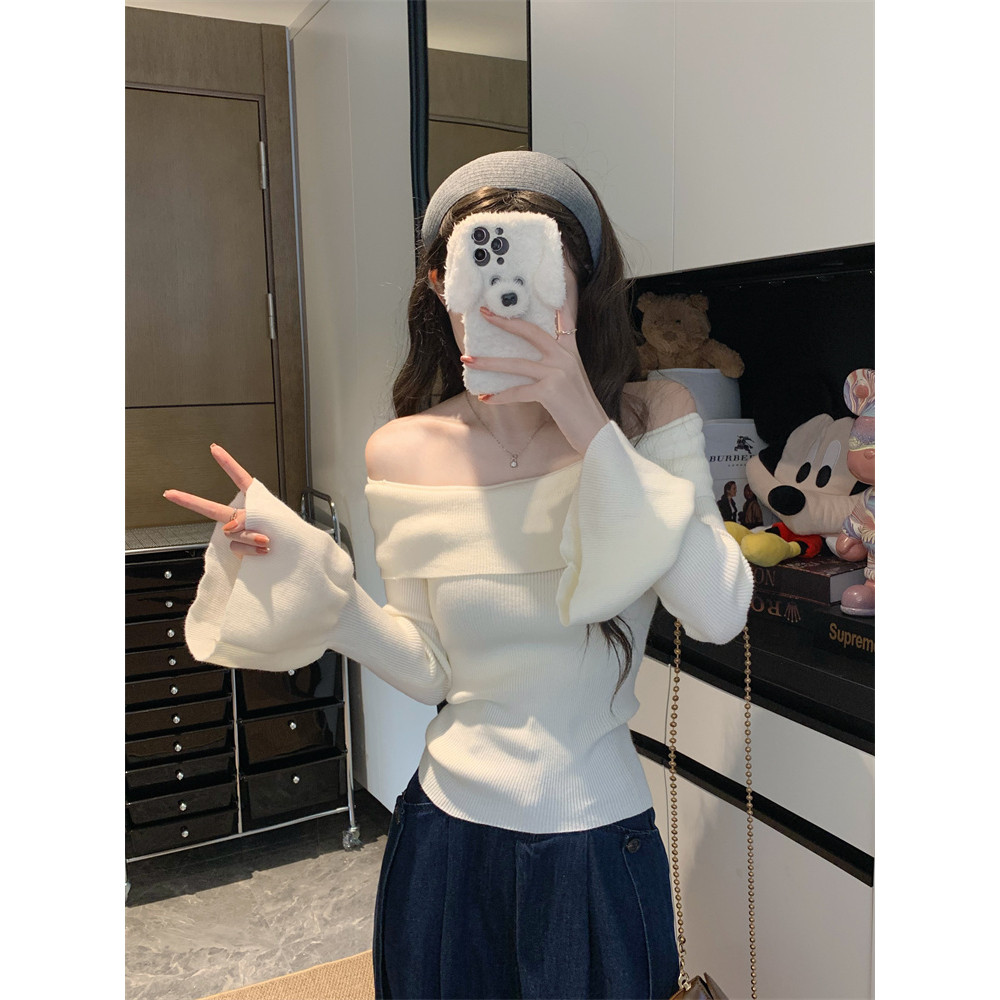 辣妹一字肩喇叭袖针织衫女高级感纯欲修身内搭打底衫气质短款上衣