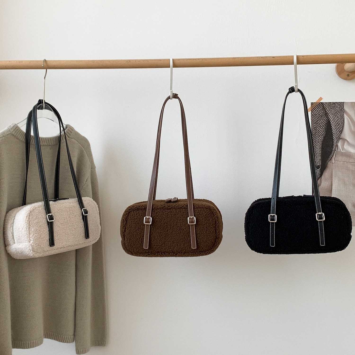 EMORRIN秋冬新款小众拼接复古羊羔毛手提单肩包时尚百搭波士顿包,箱包皮具/热销女包/男包,波士顿包,淘宝优惠券,粉丝福利购,淘宝优惠卷