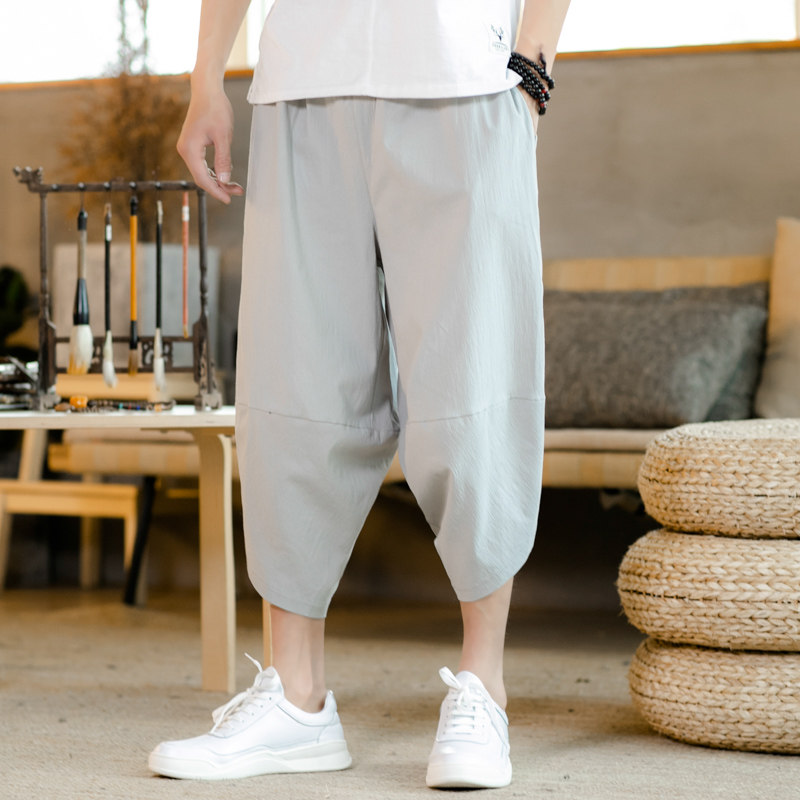 风抽绳休闲裤男宽松大码棉麻七分裤夏季哈伦裤A266-1-K50-P45，男装牛仔裤，电商A266-1