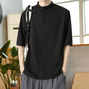 棉麻风男装T恤男圆领宽松纯色盘扣夏季青年A266-1-T161-P50