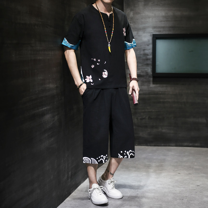 汉服风青年套装男大码宽松印花盘扣两件套A266-1-TZ1986-P90,男装休闲套装,电商A266-1