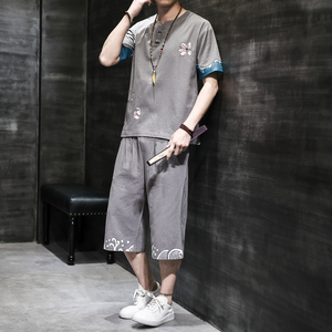 汉服风青年套装男大码宽松印花盘扣两件套A266-1-TZ1986-P90图片