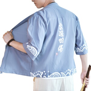 夏季夹克男宽松开衫棉麻2026新款印花风外套A266-1-F58-P40图片