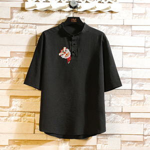 风冰丝短袖t恤男士宽松盘扣重工刺绣上衣服A266-1-T160-P55