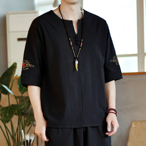 刺绣棉麻风男装T恤男圆领宽松盘扣夏季青年A266-1-T169-P35图片