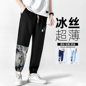 风拼接休闲裤男束脚亚麻抽绳小脚长裤春季大码A266-1-K41-P50图片