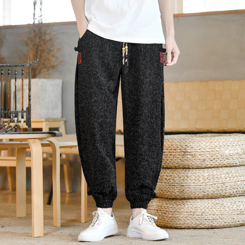 刺绣风休闲裤男抽绳盘扣波点棉麻九分裤长裤裤A266-1-K85-P60，男装休闲裤，电商A266-1