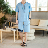 夏季风一套亚麻两件套短裤盘扣复古男装A266-1-TZ4956-P75，男装牛仔裤，电商A266-1