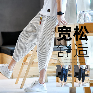 棉麻风七分裤抽绳条纹男装复古休闲裤夏季A266-1-K82-P40图片