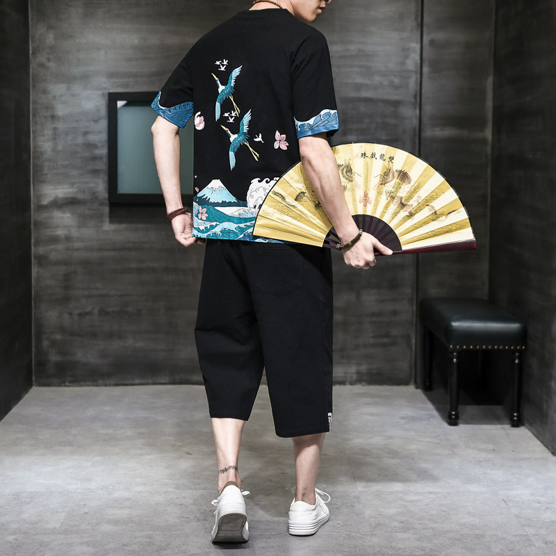 汉服风青年套装男大码宽松印花盘扣两件套A266-1-TZ1986-P90,男装休闲套装,电商A266-1