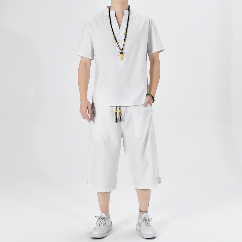 夏季风青年套装男大码宽松小V口盘扣两件套A266-1-TZ6287-P65,男装休闲套装,电商A266-1