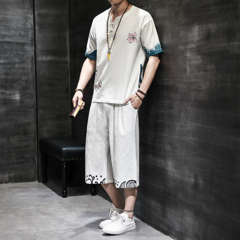 汉服风青年套装男大码宽松印花盘扣两件套A266-1-TZ1986-P90,男装休闲套装,电商A266-1