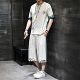 汉服风青年套装男大码宽松印花盘扣两件套A266-1-TZ1986-P90，男装休闲套装，电商A266-1