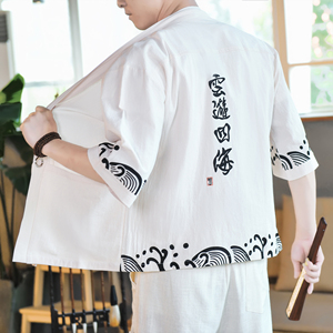 夏季夹克男宽松开衫棉麻2026新款印花风外套A266-1-F58-P40图片