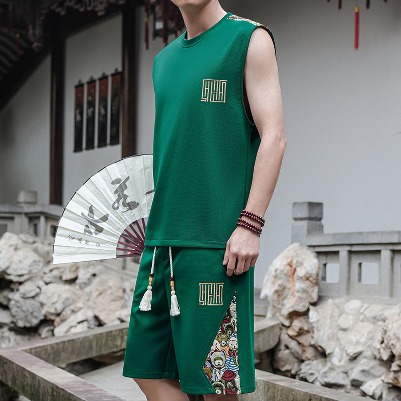 刺绣背心套装男休闲运动套装风A266-1-TZ2258-P46特批控78,男装休闲套装,电商A266-1