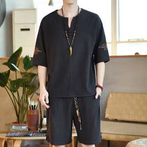 夏季风青年套装男大码宽松小V口盘扣两件套A266-1-TZ6986-P60图片