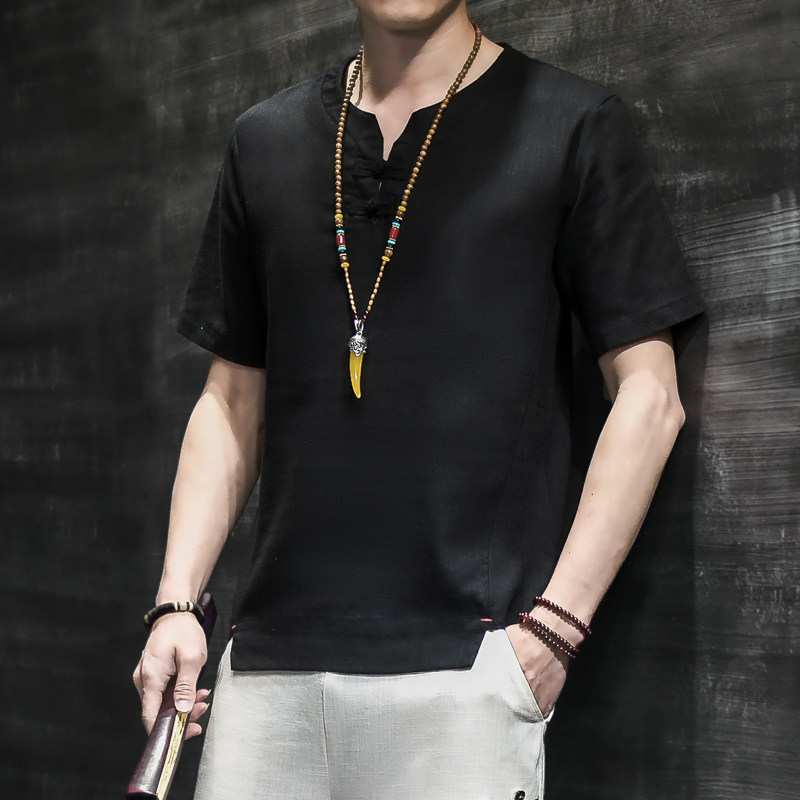 亚麻风男装T恤男圆领宽松盘扣夏季上衣青年A266-1-T156-P40,男装T恤,电商A266-1