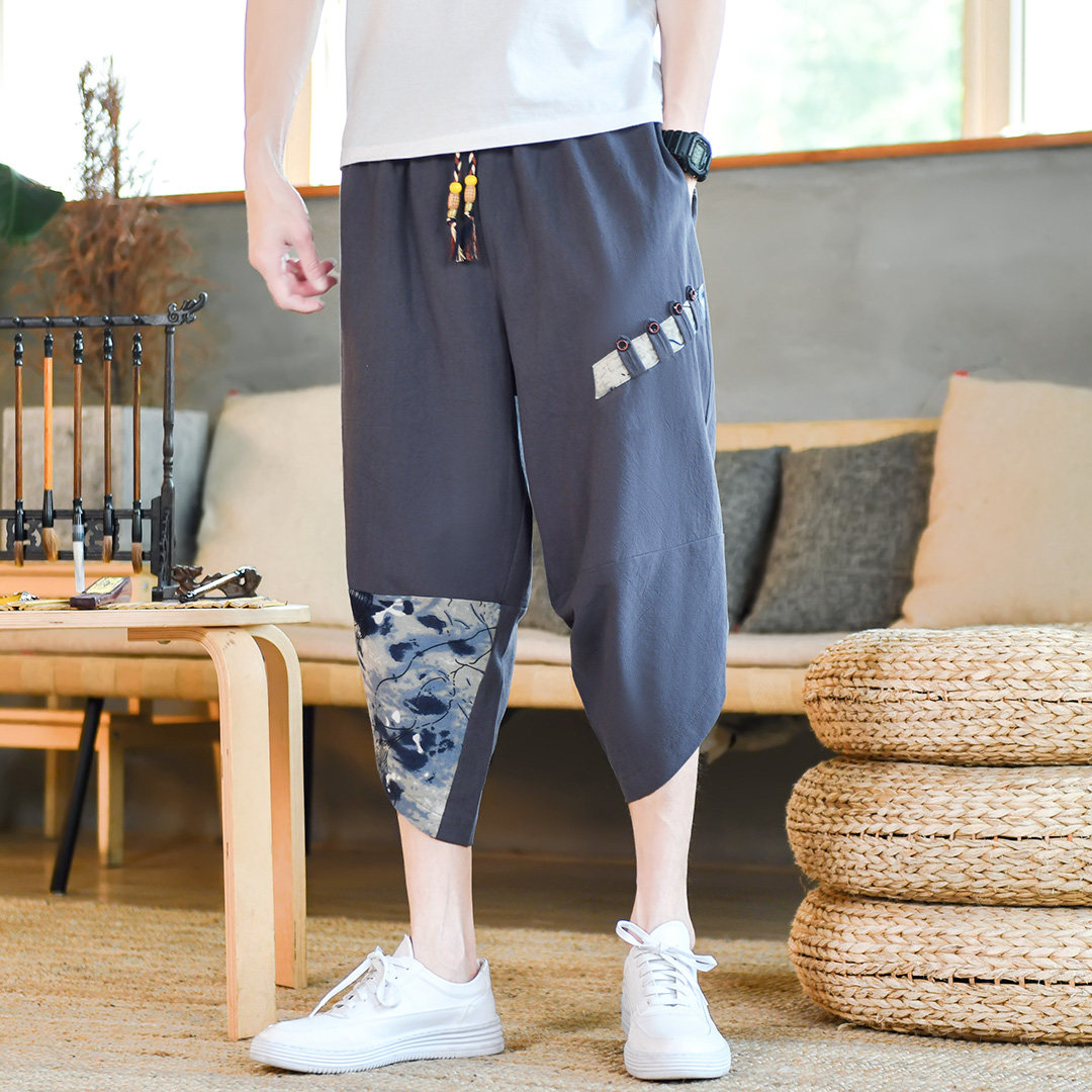 夏季棉麻七分裤抽绳青年宽松拼接风休闲裤男A266-1-K52-P35,男装牛仔裤,电商A266-1