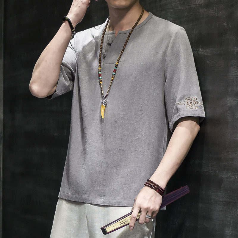 棉麻风男装T恤男圆领宽松刺绣盘扣夏季青年A266-1-T188-P40,男装T恤,电商A266-1