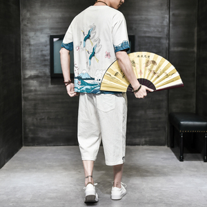 汉服风青年套装男大码宽松印花盘扣两件套A266-1-TZ1986-P90图片