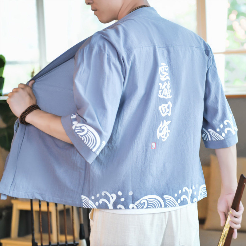 夏季夹克风宽松开衫男棉麻外套2026新款印花A266-1-F58-P40,男装夹克,电商A266-1