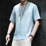 亚麻风男装T恤男圆领宽松盘扣夏季上衣青年A266-1-T156-P40，男装T恤，电商A266-1