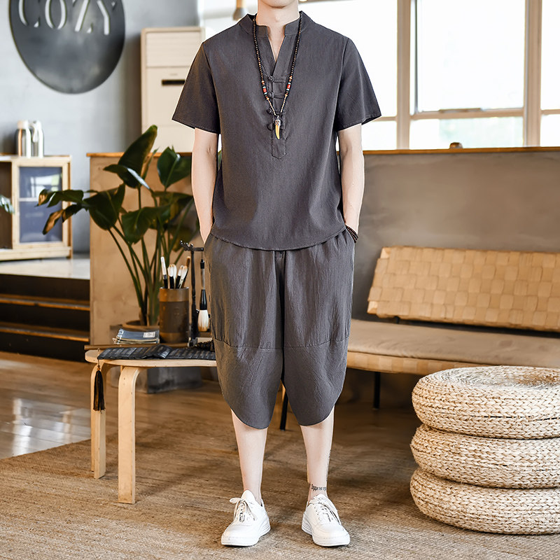 夏季风立领套装男大码宽松小V口盘扣两件套A266-1-TZ6289-P70,男装休闲套装,电商A266-1