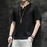亚麻风男装T恤男圆领宽松盘扣夏季上衣青年A266-1-T156-P40，男装T恤，电商A266-1