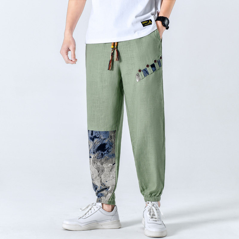 春季亚麻休闲裤男风拼接抽绳束脚小脚长裤大码A266-1-K41-P50,男装休闲裤,电商A266-1