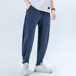 条纹风休闲裤男宽松盘扣哈伦青年小脚棉麻长裤A266-1-K58-P50图片