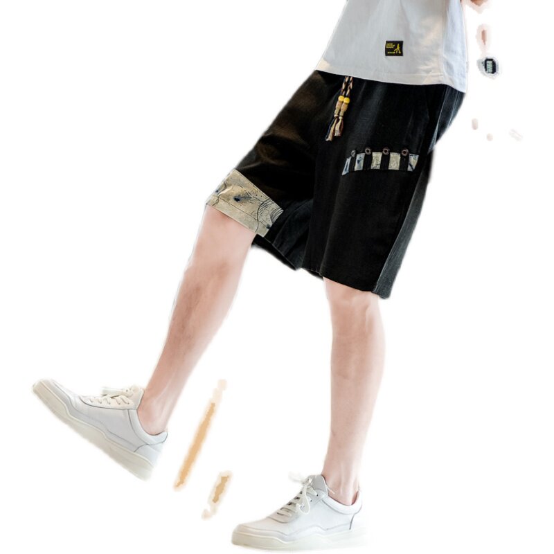 宽松亚麻短裤男大码拼接2025夏季新款休闲裤抽绳A266-1-K49-P35,男装牛仔裤,电商A266-1