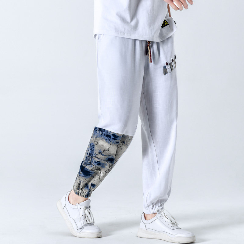 风春季束脚休闲裤男拼接亚麻抽绳小脚长裤大码A266-1-K41-P50图片
