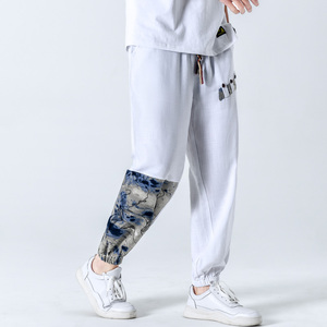 风春季束脚休闲裤男拼接亚麻抽绳小脚长裤大码A266-1-K41-P50图片