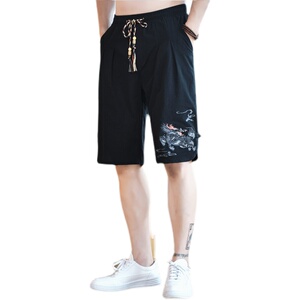 刺绣麒麟短裤男韩版休闲复古男装直筒风中裤子A266-1-K53-P40图片