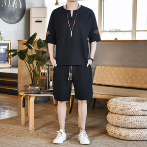 夏季风青年套装男大码宽松小V口盘扣两件套A266-1-TZ6986-P60图片