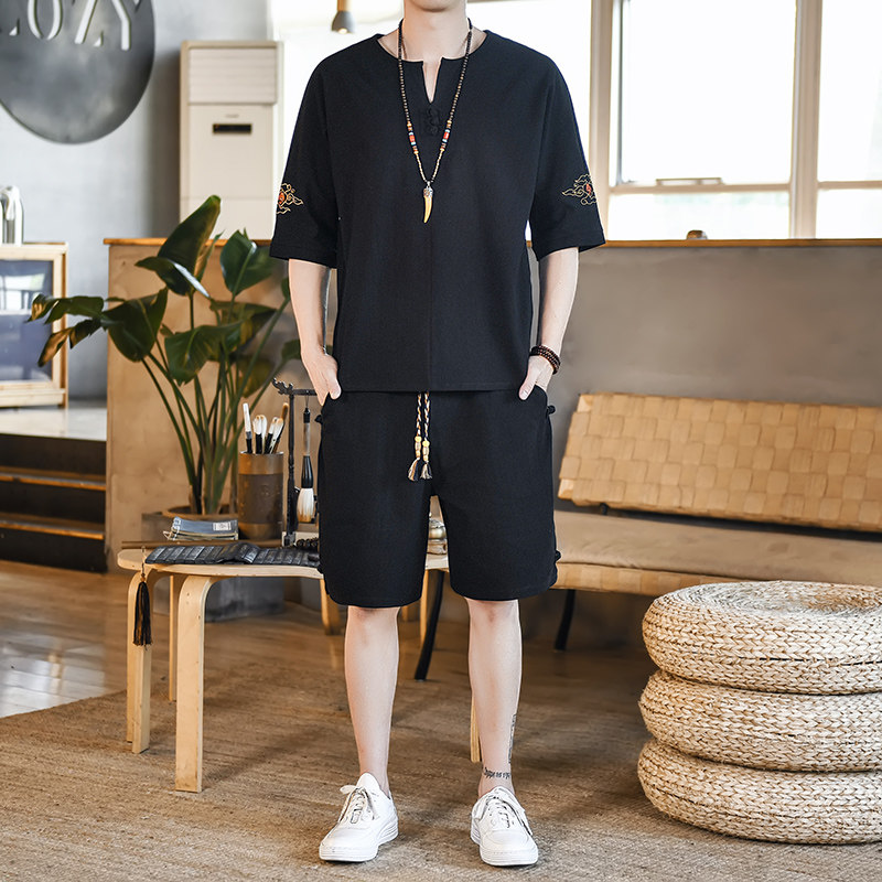 夏季风青年套装男大码宽松小V口盘扣两件套A266-1-TZ6986-P60,男装休闲套装,电商A266-1