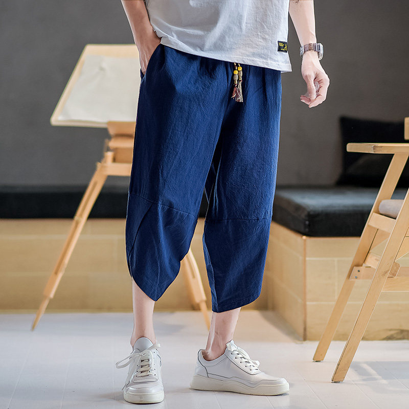 复古7分风宽松棉麻七分裤男纯色夏季休闲裤男A266-1-K50-P45，男装牛仔裤，电商A266-1