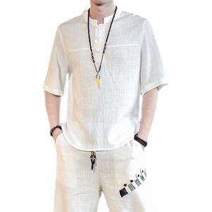亚麻男装风夏季休闲大码宽松棉麻T恤男盘扣A266-1-T189-P40图片