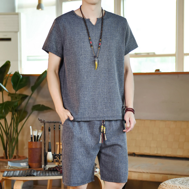 夏季风V领印花套装男大码宽松复古两件套A266-1-TZ1988-P60,男装休闲套装,电商A266-1