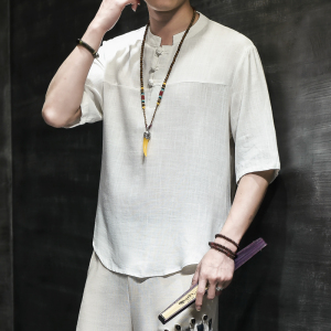 棉麻风男装T恤男圆领亚麻拼接盘扣夏季青年A266-1-T189-P40图片