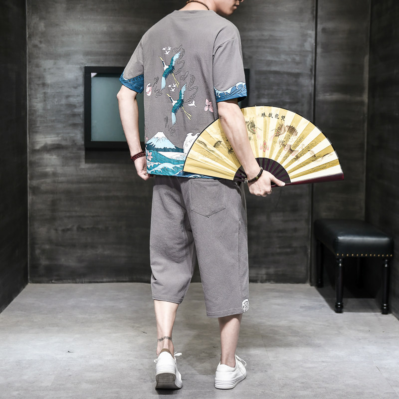 汉服风青年套装男大码宽松印花盘扣两件套A266-1-TZ1986-P90,男装休闲套装,电商A266-1