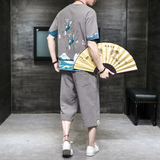 汉服风青年套装男大码宽松印花盘扣两件套A266-1-TZ1986-P90，男装休闲套装，电商A266-1