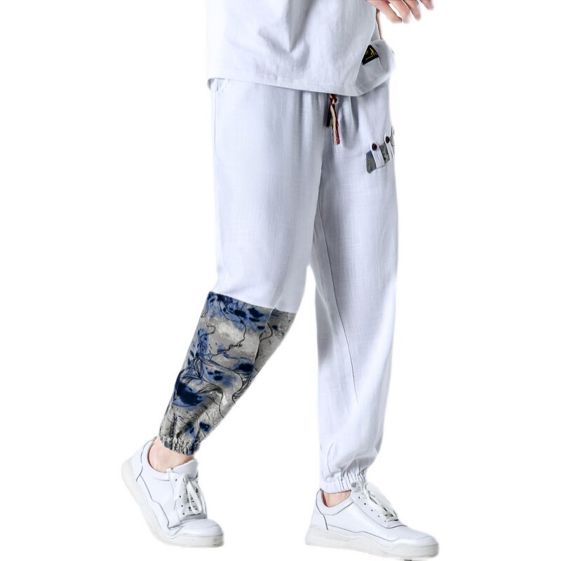 亚麻抽绳束脚休闲裤男风拼接小脚长裤春季大码A266-1-K41-P50,男装休闲裤,电商A266-1