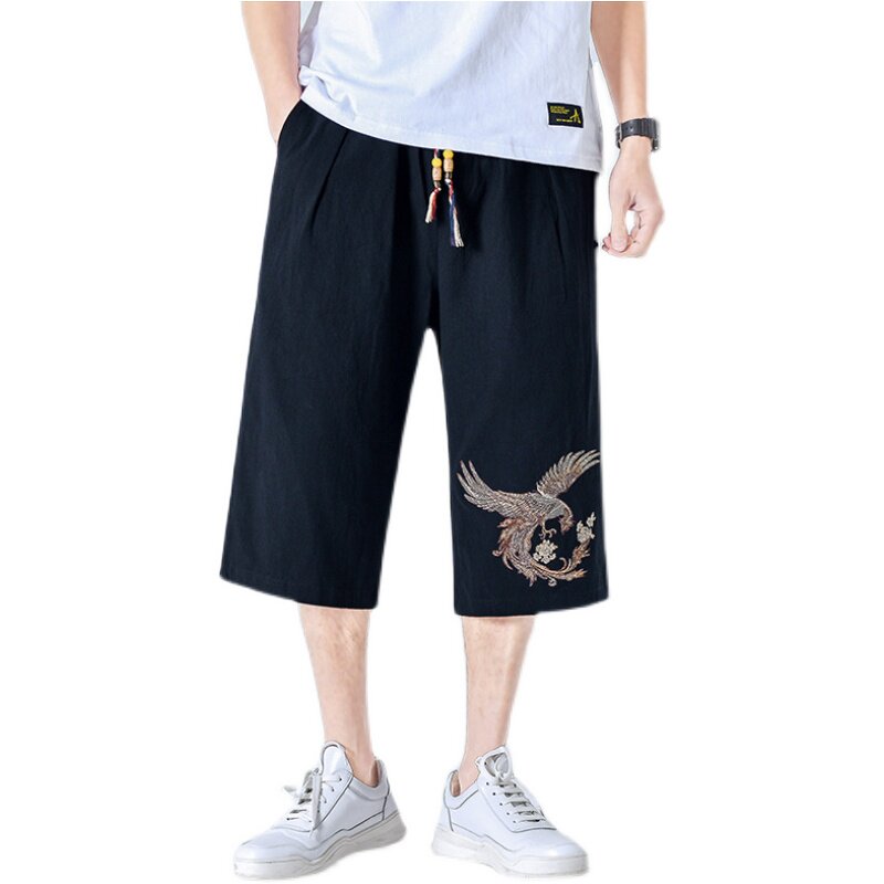 夏季棉麻风七分裤男裤子宽松刺绣中裤男装抽绳A266-1-K09-P50,男装牛仔裤,电商A266-1
