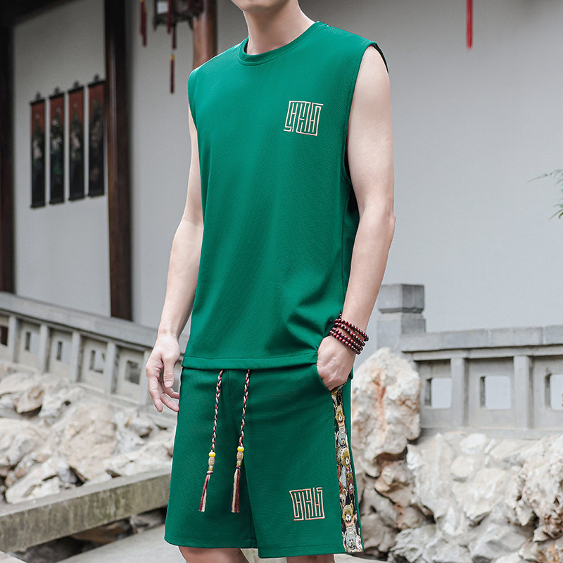 刺绣休闲运动套装男风背心一套A266-1-TZ1107-P43特批控78,男装休闲套装,电商A266-1