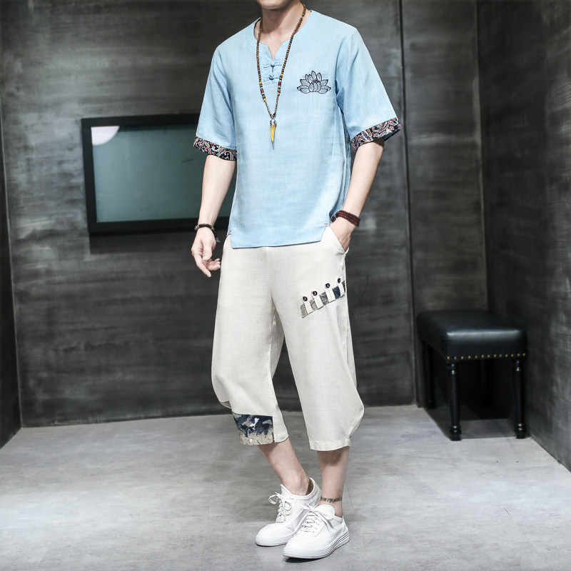夏季风刺绣套装男大码宽松小V口盘扣两件套A266-1-TZ4087-P75,男装休闲套装,电商A266-1