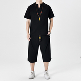 夏季风青年套装男大码宽松小V口盘扣两件套A266-1-TZ6287-P65，男装休闲套装，电商A266-1