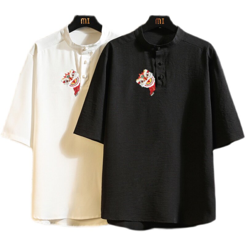 风冰丝短袖t恤男士宽松盘扣重工刺绣上衣服A266-1-T160-P55,男装T恤,电商A266-1
