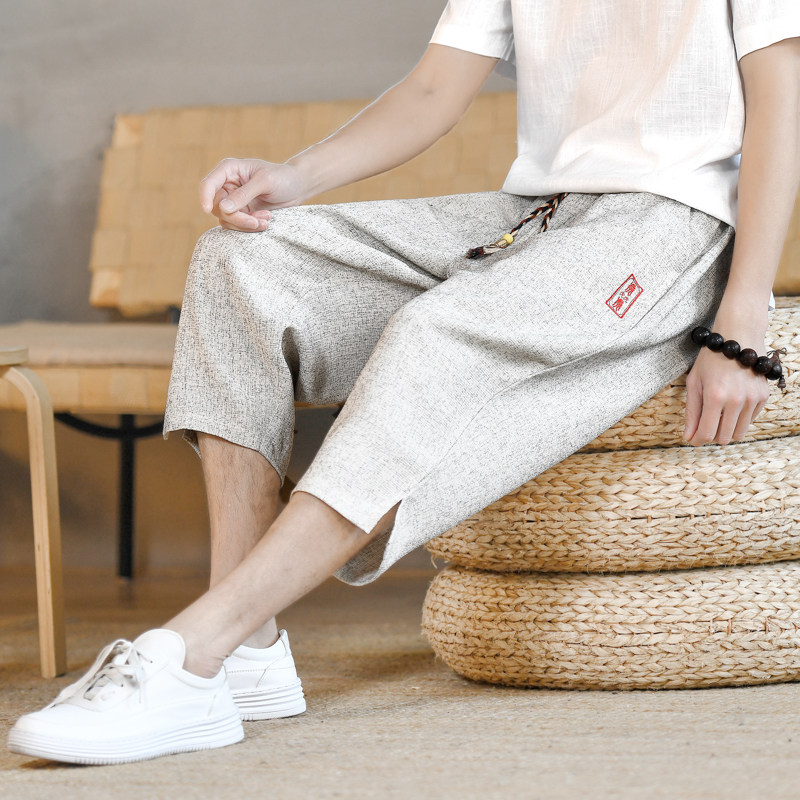 刺绣风七分裤男抽绳青年波点棉麻中裤休闲裤A266-1-K84-P50，男装牛仔裤，电商A266-1